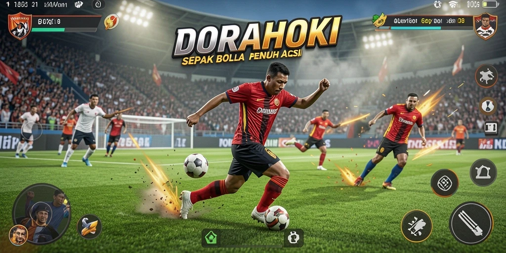 Screenshot gameplay DORAHOKI yang menampilkan aksi seru di lapangan sepak bola.