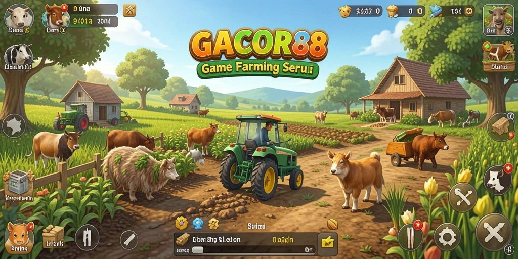 Screenshot gameplay GACOR88 menampilkan lahan pertanian yang subur dan beragam tanaman.
