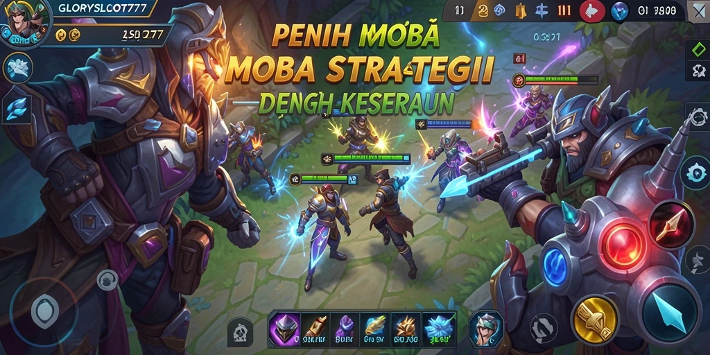 Tampilan aksi seru dalam gameplay GLORYSLOT777 di arena MOBA.