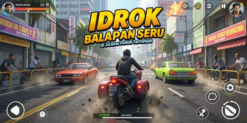 Tampilan gameplay balapan yang seru dari IDROK di jalanan perkotaan.