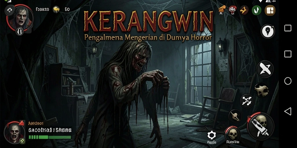 Tampilan layar utama KERANGWIN menampilkan momen horor mendebarkan.