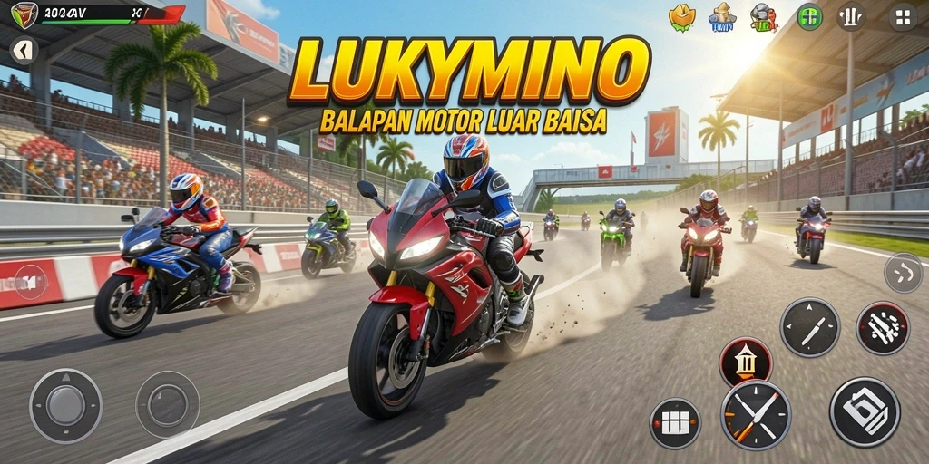 Screenshot LUKYMINO menampilkan kecepatan balapan motor yang mendebarkan.