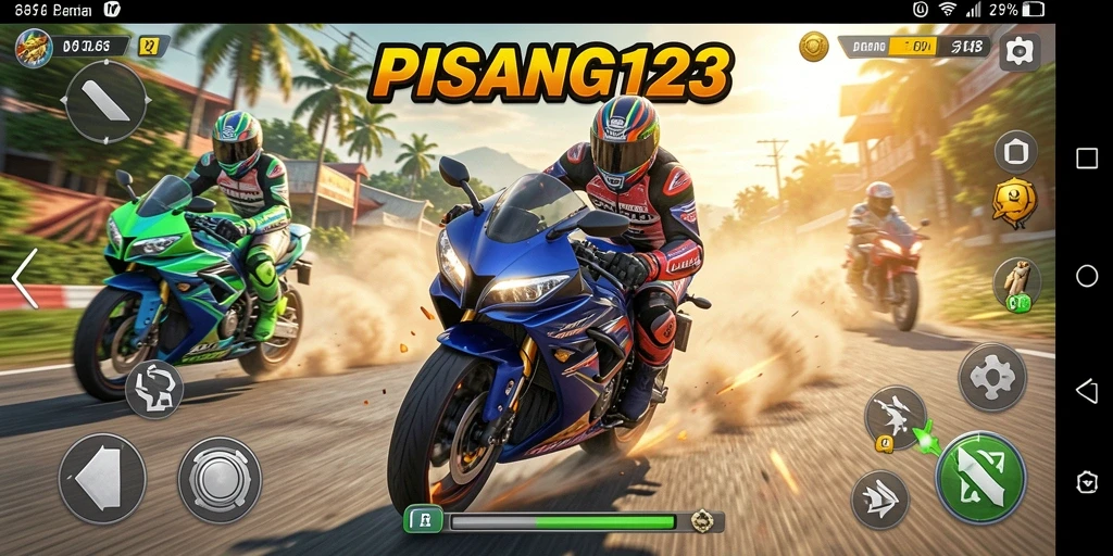 Gameplay PISANG123 menampilkan balapan motor yang seru dan aksi mendebarkan.