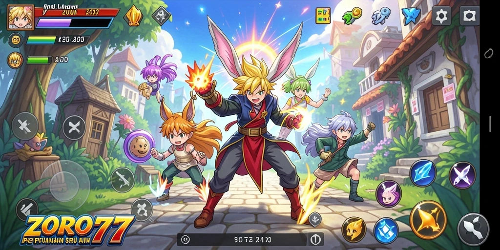 Gameplay ZORO77 yang penuh aksi dan karakter unik.